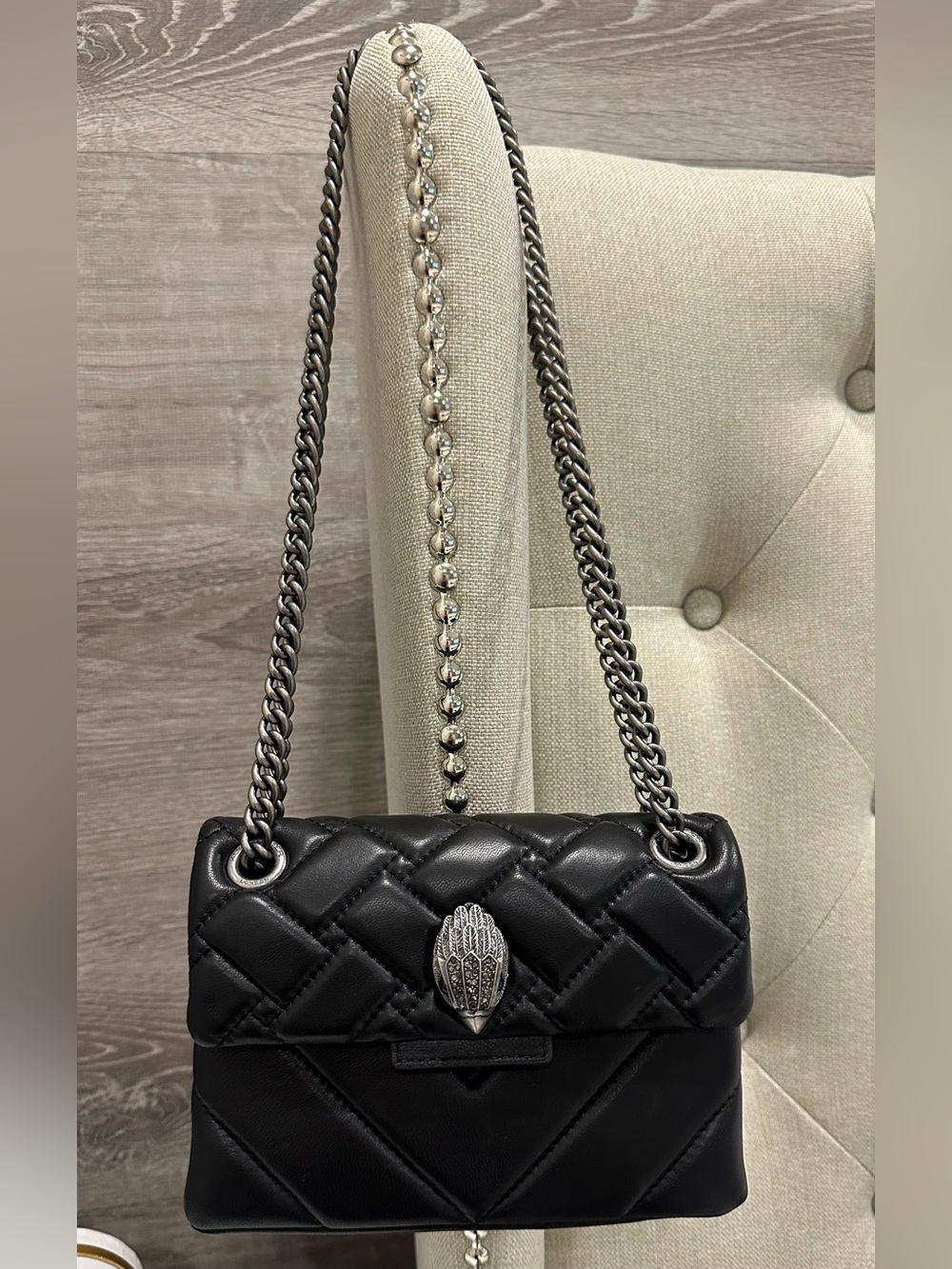 Kurt Geiger Black Quilted Mini
Crossbody Bag Chain Strap Metal Eagle
Head